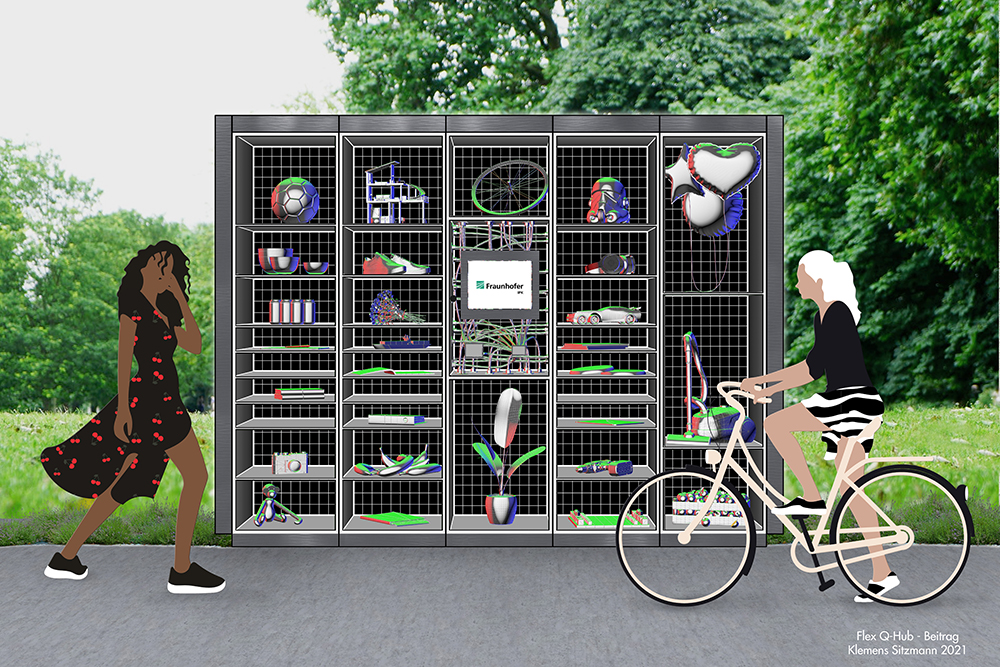 Die Grafik auf den Frontblenden des Flex Q-Hubs vermittelt mit Humor die möglichen verschiedenen Inhalte der Boxen. Bild der anbieteroffenen Paketstation Flex Q-Hub