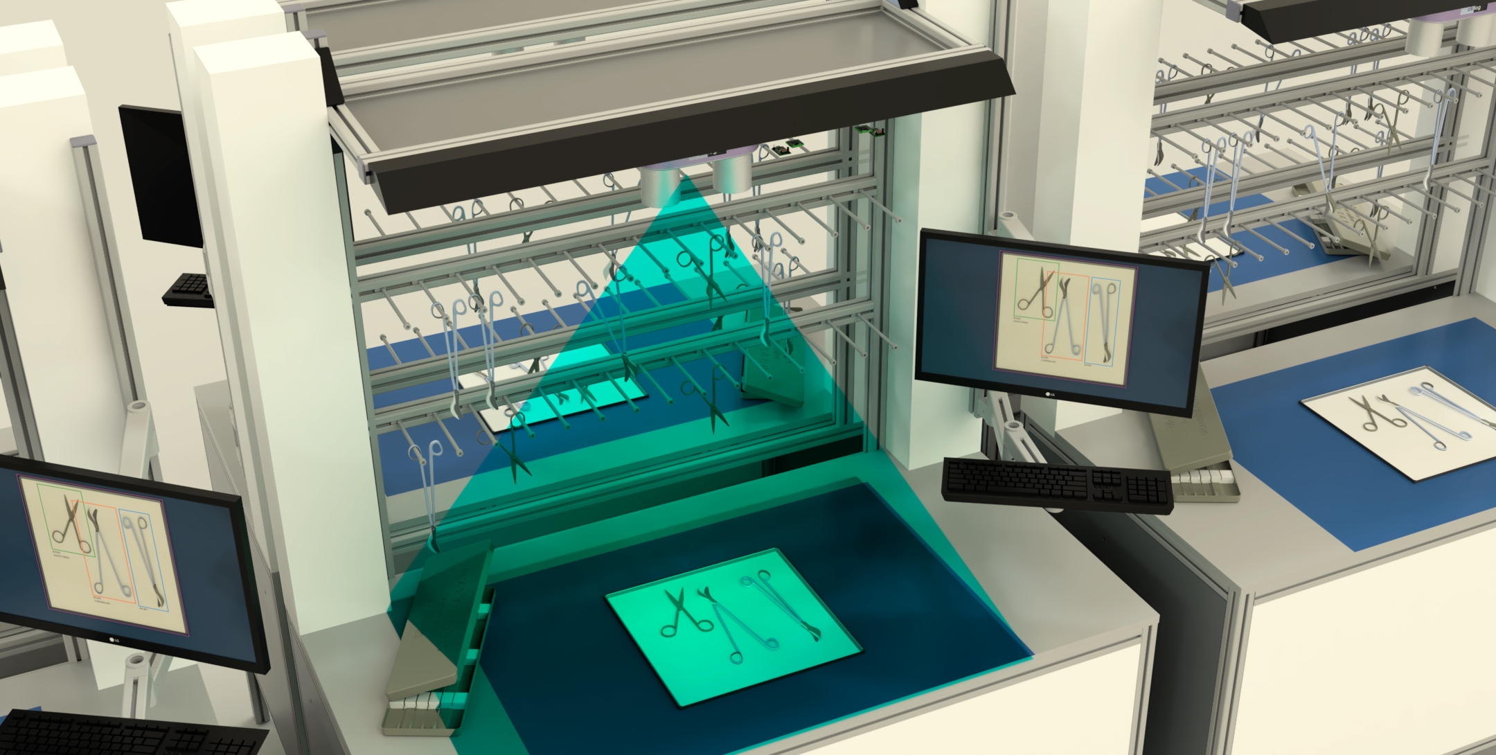 The intelligent camera keeps the entire work area in its field of view and recognizes surgical instruments like a barcode scanner – only without any barcodes. 
